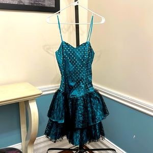 Vintage 80s Turquoise & Gold Polka Dot Lace Dress